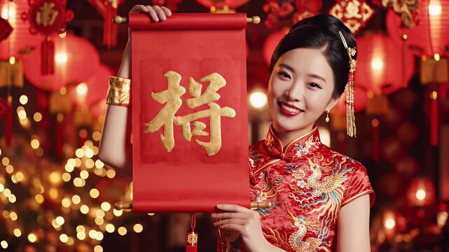 Chinese New Year Celebration with Traditional Scroll - A woman dressed in a traditional red qipao holds a decorative scroll featuring Chinese characters.