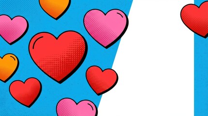 Colorful pop art hearts in red pink and orange on a blue halftone background with diagonal white copy space