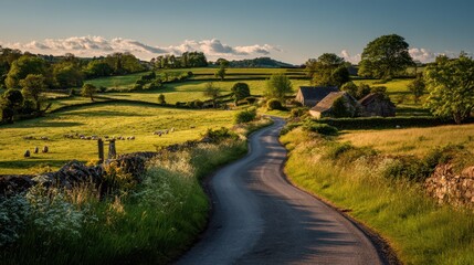 Obraz premium Rural England at dusk: quiet country lane, blooming hedges, and distant cottage homes