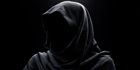 The Hooded Figure in Dramatic Low Key Lighting Creating a Deep Mysterious Silhouette