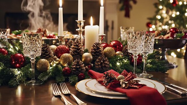 Elegant Christmas Dinner Table Setting - A beautifully decorated Christmas dinner table features elegant crystal glasses, white dinnerware with gold trim, and red napkins with festive accents.