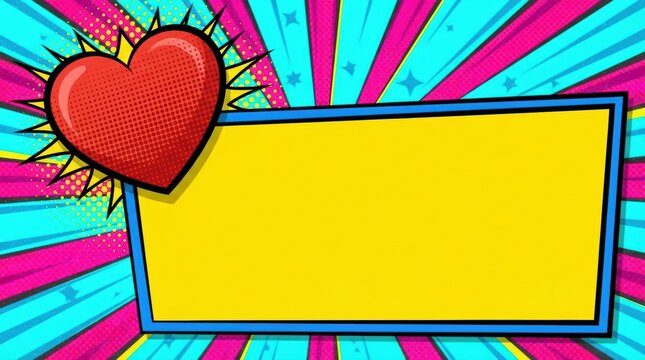Vibrant pop art comic background featuring a red halftone heart burst and an empty yellow rectangular frame