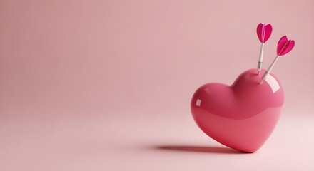 A glossy pink heart pierced by two cupid arrows on a soft background, symbolizing love
