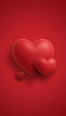 Three vibrant 3d red hearts symbolize love and affection on a romantic crimson background