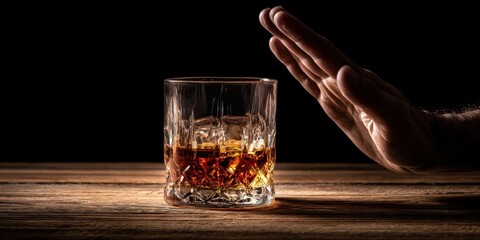 The Glass of Whiskey and a Hand Refusing the Drink in Dramatic Darkness