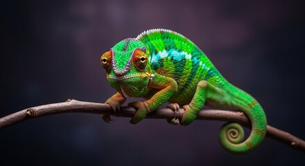 vibrant green and blue chameleon with colorful eyes on a wooden branch