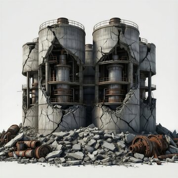 Destroyed industrial concrete silos with massive cracks and a pile of rubble at the base, abandoned factory site, 3d render isolated on white.