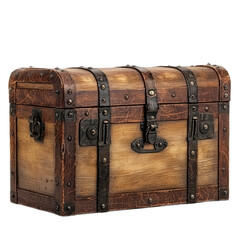 An old, weathered wooden chest with metal straps and a latch, isolated on a white background.