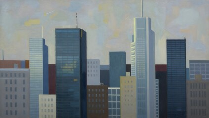 Obraz premium Painted city landscape featuring various tall buildings against a cloudy sky
