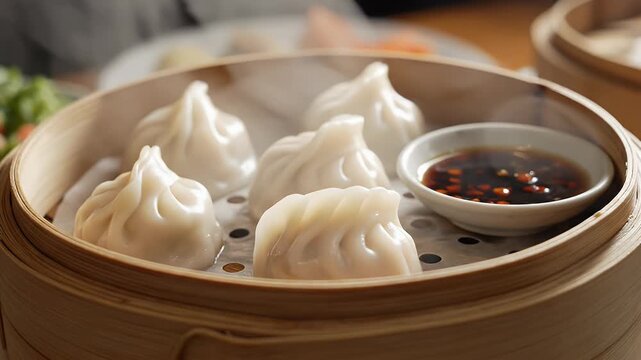 Steaming Dumplings in Bamboo Steamer - Close-up of freshly steamed dumplings served in a traditional bamboo steamer basket, alongside a small bowl of dipping sauce.