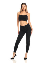 Fototapeta premium Studio shot of a natural woman with long dark hair wearing a black top, black pants and high heels, full body, on a white background