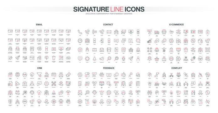 Comprehensive set of thin line icons for email, contact, e-commerce, CRM, feedback, and conflict themes, featuring modern red and black accents isolated vector illustration