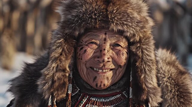 Elderly Person in Traditional Fur Attire - An elderly person is smiling warmly, dressed in traditional attire with a fur-lined hat and beaded decorations.