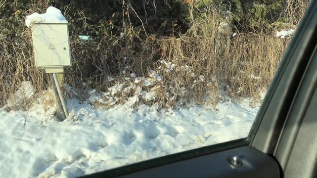 Driving into Bright Sun with Dirty Windshield in Winter. POV driving shot facing directly into bright winter sun highlighting smears on windshield. Car travels along snowy road past fences in rural se