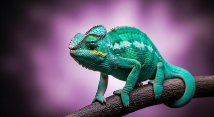 Obraz premium vibrant green chameleon on branch with blurred purple background
