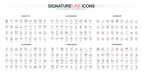 Line style icons cover smart city, CO2 emissions, landscape, solar energy, power generation, and environmental themes, showing modern urban sustainability concepts isolated vector illustration © Icon Majesty