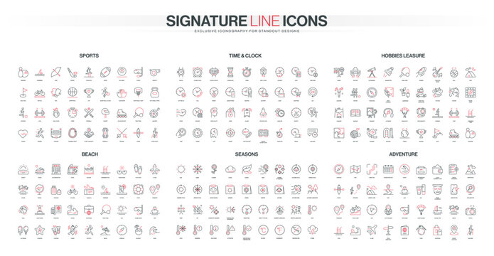 Collection of minimalist line icons in red and black for sports, time, hobbies, adventure, beach, and seasons themes, covering diverse activities and objects isolated vector illustration