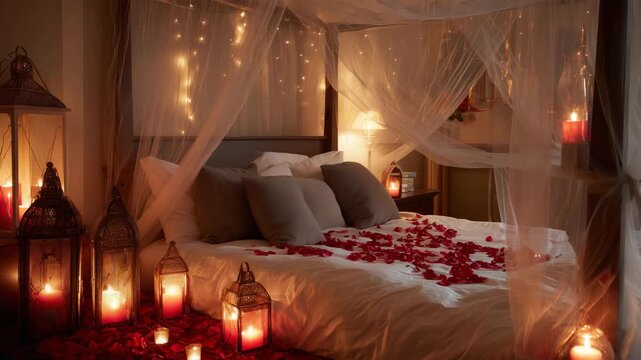 Romantic bedroom setup with candles and rose petals on the bed