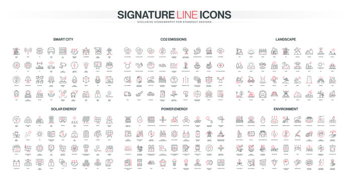Line style icons cover smart city, CO2 emissions, landscape, solar energy, power generation, and environmental themes, showing modern urban sustainability concepts isolated vector illustration