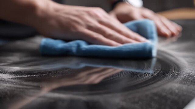 Cleaning Surface with Blue Microfiber Cloth - Close-up of a person using a blue microfiber cloth to clean a smooth surface.