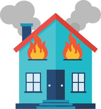 House on fire emergency illustration with burning flames smoke and damaged building concept isolated on white background