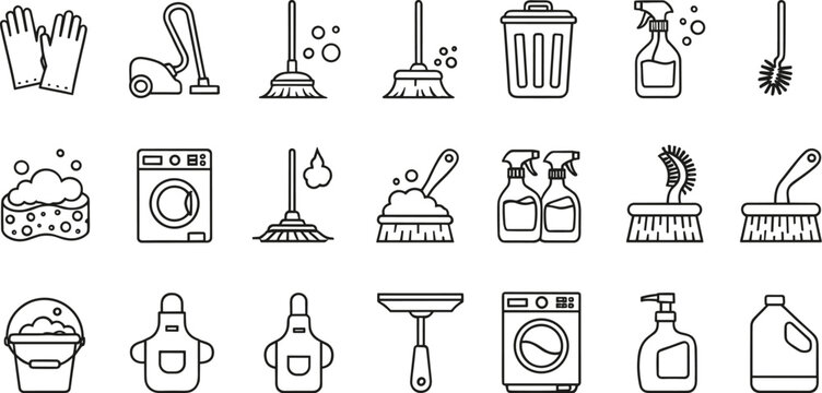 Household cleaning tools and supplies outline icons set with gloves mop broom detergent washing machine and brushes isolated