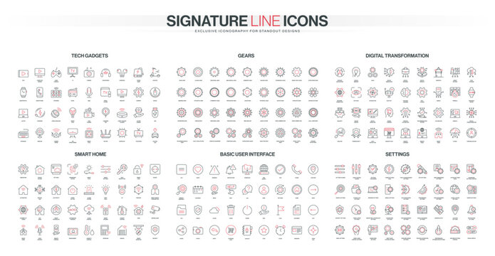 Modern line icons collection covers tech gadgets, gears, digital transformation, smart home, user interface, and settings themes in a minimal style isolated vector illustration