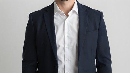 Close up shot of a man wearing a white shirt and a dark blue blazer