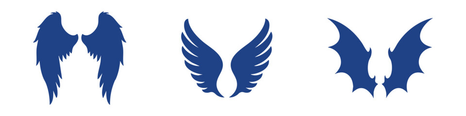 Obraz premium Powerful wings icon set in bold silhouette style. Ideal for logos, fantasy, angel or dark themes, tattoos, emblems, and creative branding. Available in black, blue, and light blue colors