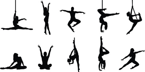 Aerial yoga and gymnastic female silhouettes set, athletic woman performing acrobatics, pole dancing poses, cad drawing flat vector illustration, isolated on white