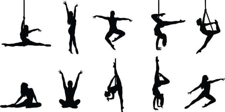 Aerial yoga and gymnastic female silhouettes set, athletic woman performing acrobatics, pole dancing poses, cad drawing flat vector illustration, isolated on white