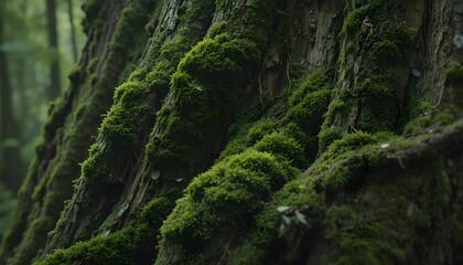 Fototapeta premium Mossy Tree Trunks in Misty Woodland Light