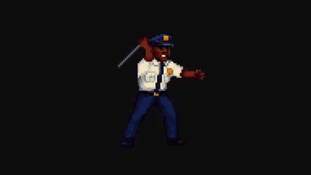 Police Triple Baton Strike Animation 8bit Pixel Art Character with Transparent Background