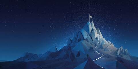 The mountain peak with a flag and illuminated path under a starry night sky