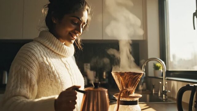 Woman preparing fresh coffee indoors near a window with natural lighting