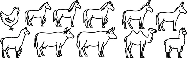 Obraz premium Farm animals illustration with horse cow and chicken