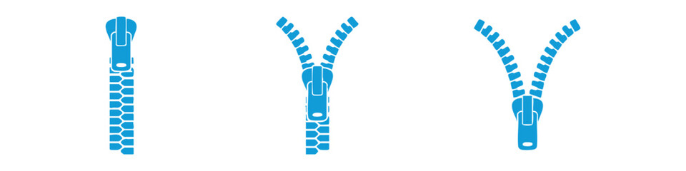 Zipper icons set showing open and closed states with different slider positions. Perfect for fashion, clothing, textile design, UI, apps, and infographics. Available in black, blue, and light blue col © Петро Корженівський