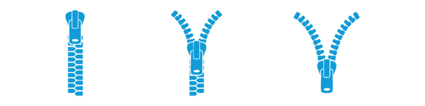 Zipper icons set showing open and closed states with different slider positions. Perfect for fashion, clothing, textile design, UI, apps, and infographics. Available in black, blue, and light blue col
