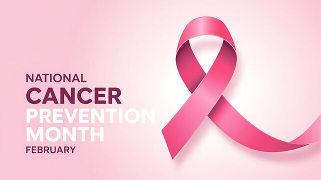 Pink cancer awareness ribbon for National Cancer Prevention Month poster design in February with soft gradient background
