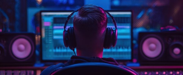 The Music Producer in a Neon Lit Studio Mixing Tracks on Multiple Monitors