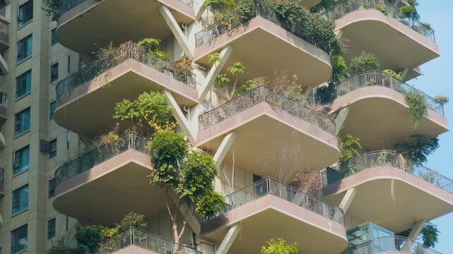 Close up view of modern residential building with lush green plants growing on balconies in Chengdu city, China. Vertical garden, green architecture, eco-friendly city design and urban sustainability