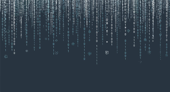 Abstract digital rain of binary code falling against a dark blue background, representing technology and data