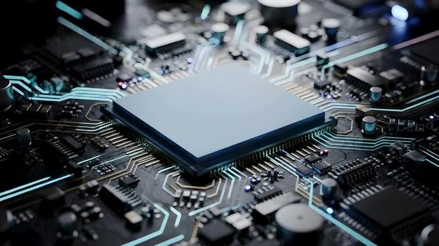 Advanced microchip processor animation on modern motherboard, high speed computing hardware technology, powerful semiconductor chip, digital electronics system background video