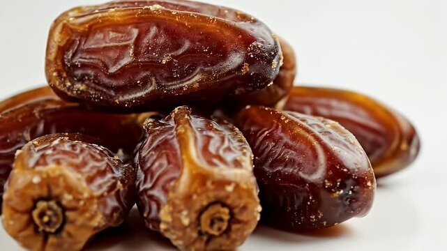 Close-up of Fresh Medjool Dates - This stock video showcases a close-up view of a pile of Medjool dates. The dates are shiny, moist, and plump, with a rich brown color and visible texture.