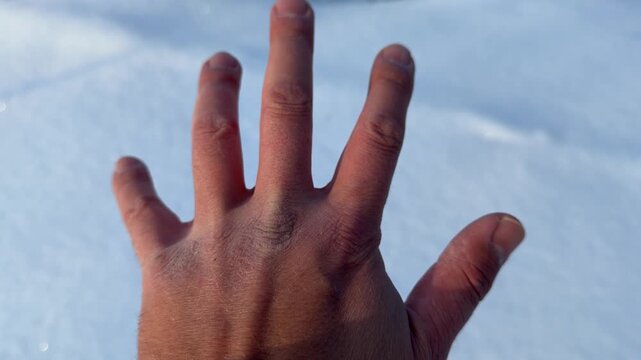 Clenching Cold Hand into a Fist in Winter. Close-up of man's hand clenching into fist against snowy background. Skin is red from cold highlighting harsh winter conditions.