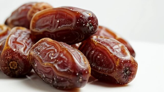 Close-Up of Fresh Medjool Dates - A close-up video of several fresh Medjool dates resting on a white surface.