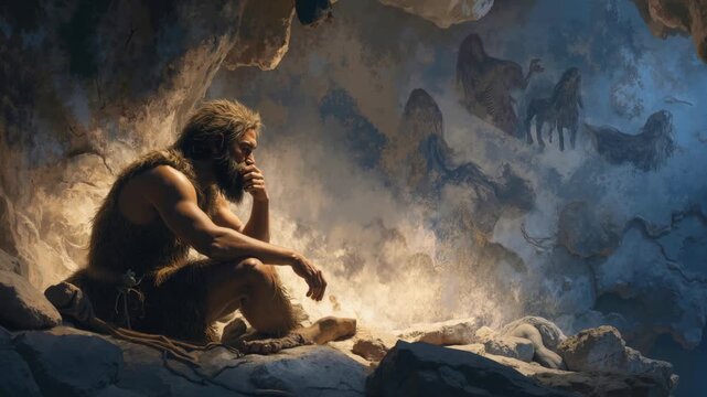 Prehistoric caveman sitting in a cave thinking near ancient wall paintings. Primitive man in animal skins contemplating in dramatic lighting. Stone age history and evolution concept