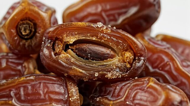 Close-up of Dates - This video showcases a close-up of several dates. One of the dates has been cut in half, revealing its seed and the sugary texture of the fruit.