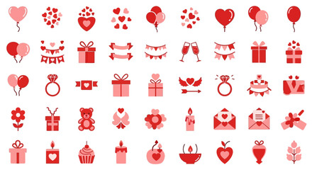 Valentines Day icons set romantic symbols for love and celebration flat vector collection on white