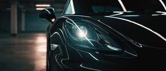 The sports car headlight gleaming in a moody underground parking garage at night
